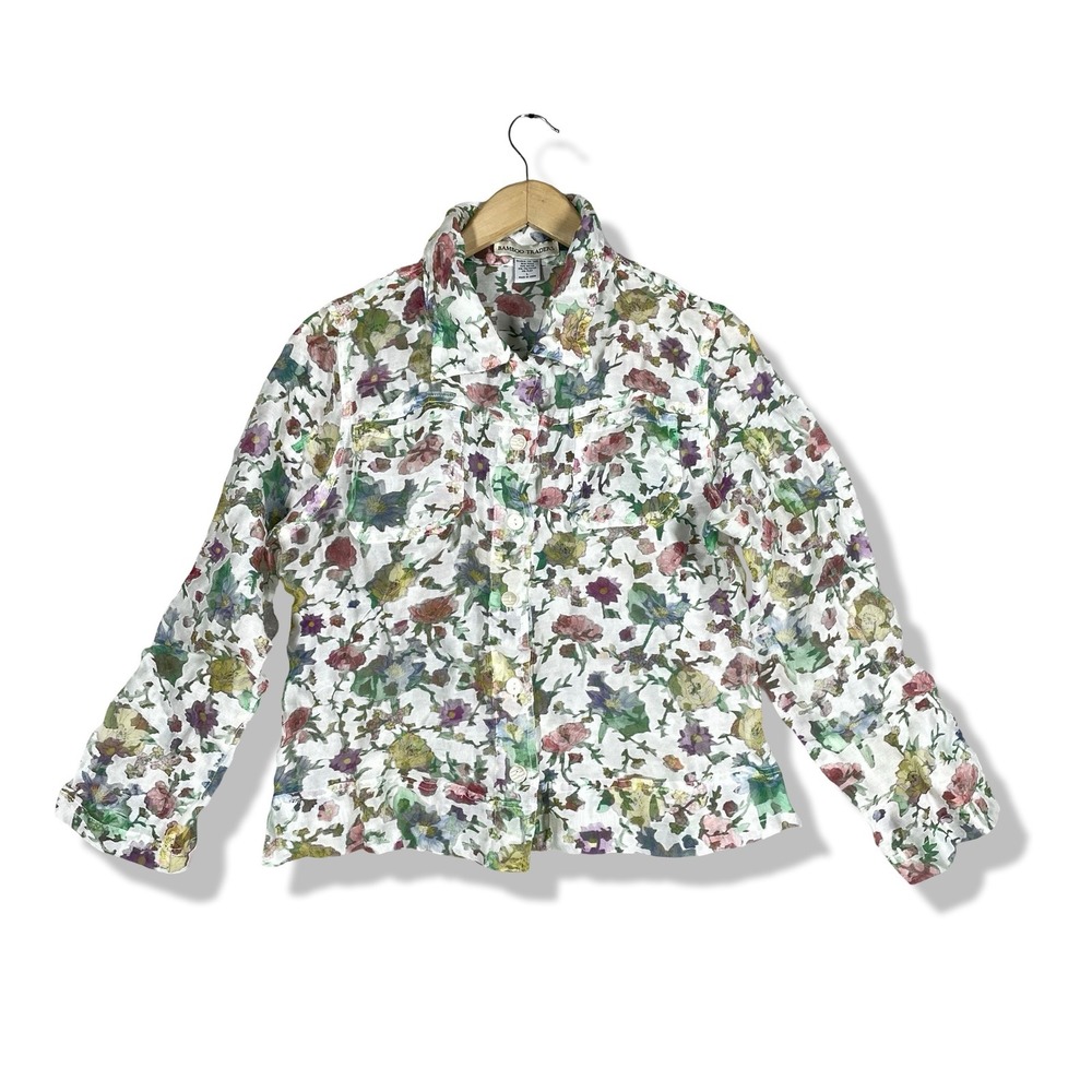 Bamboo Traders Floral Button Up Shirt Womens L White Sheer Cottagecore Boho